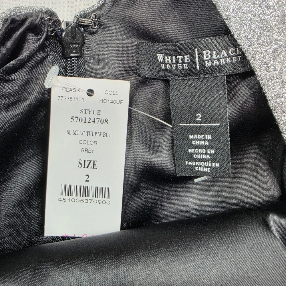 WHBM NWT Grey Metallic Sleeveless Belted Tulip Dress Pockets Sz 2 Cocktail Glam - Picture 6 of 13